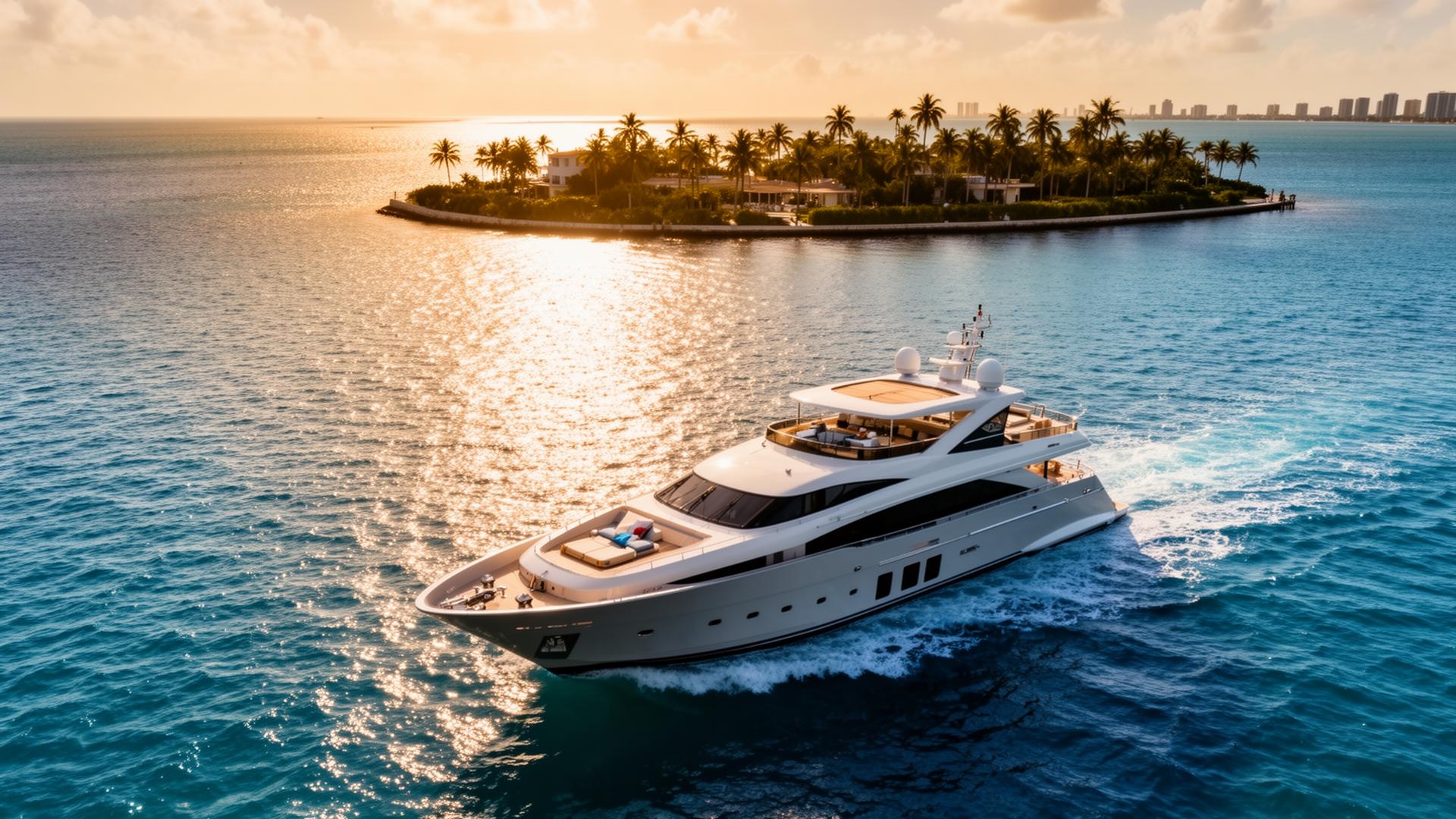 Luxury yacht cruising Miami waters at golden hour
